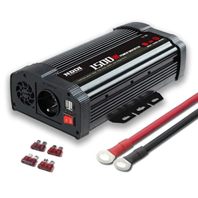 Abbildung von NDDI POWER 1500W Spannungswandler 12V auf 230V Stromumwandler mit 3.1A Dual USB Anschluss, Autokonverter Wechselrichter für Auto, Wohnwagen, Camping, Laden von Handys, Laptops und Anderen Geräten