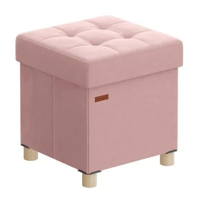 Abbildung von SONGMICS Sitzhocker mit Stauraum, Hocker faltbar, 38 x 40 cm, Aufbewahrungsbox Deckel, Fußhocker 37 L, Samt, bis 300 kg belastbar, Flur Wohnzimmer Schlafzimmer, pastellrosa LSF0516R01
