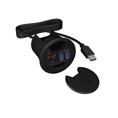 Abbildung von ICY BOX 60124 USB Tisch Hub zum Einbau, 60 mm, 3 Hub, C, Ladefunktion, Kartenleser, Display mit Netzteil