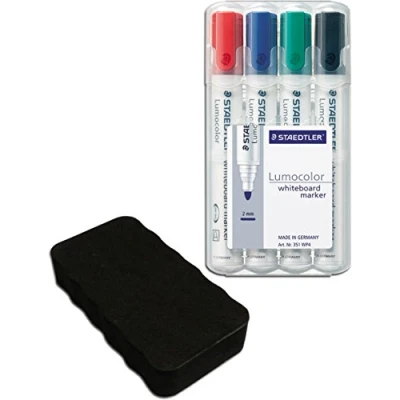 Abbildung von Staedtler 351 WP4 Lumocolor Whiteboardmarker, 4 Stück in aufstellbarer Box mit Löscher (Stifte + Schwarz, 1)