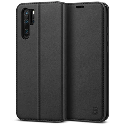 Abbildung von BEZ Handyhülle für Huawei P30 Pro Hülle, Premium Tasche Case Kompatibel Pro, Schutzhüllen aus Klappetui mit Kreditkartenhaltern, Ständer, Magnetverschluss, Schwarz