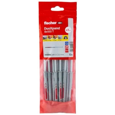 Abbildung von fischer DuoXpand 8 x 100 T, hochwertiger Universaldübel mit verzinkter Senkkopfschraube (10 Stk.), Dübel für starken Halt, ideal poröse Baustoffe &amp; randnahe Verankerungen