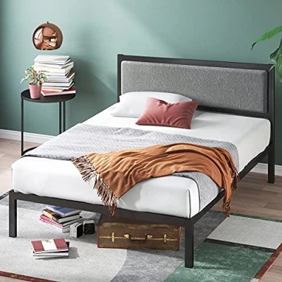 Abbildung von Zinus Korey Bett 100x200 cm Höhe 36 mit Stauraum unter dem Metall Plattform Bettgestell gepolstertem Kopfteil Schwarz und Grau