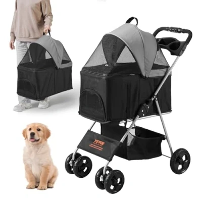 Abbildung von VEVOR Hundebuggy 79x46x102cm Hundewagen 16kg Tragfähigkeit Faltbar Hundetrolley Aluminium Rahmen 600D Oxford Gewebe Nylon Netzfenster 4 EVA Räder Hundebox Tierbuggy Katzenbuggy Haustier Transport