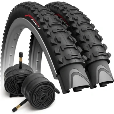 Abbildung von Fincci Set Fahrradreifen 26 Zoll Fahrradmantel MTB 26x1.95 mit 2X Fahrradschlauch Schrader Autoventil Faltreifen 60 TPI 50 559 für Mountainbike, E Bike, Hybrid Fahrrad 2er Pack Zubehör