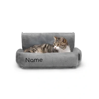 Abbildung von lionto Katzenheizungsliege mit kuscheligem Plüschbezug, Katzenbett zum Einhängen Metallhaken für alle gängigen Heizungen, waschbare und gemütliche Katzenhängematte, dunkelgrau (Namensaufdruck)