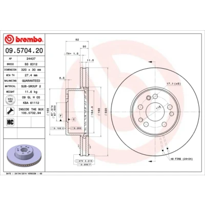 Abbildung von BREMBO 09.5704.20 Bremsscheibe 320 30 5 innenbelüftet hochgekohlt mit Schrauben MERCEDES BENZ: S Klasse Limousine, Coupe
