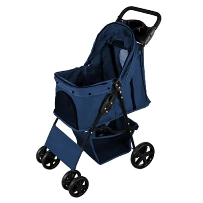 Abbildung von Haustierwagen, marineblauer Träger, faltbarer Reisewagen, 15 kg Kapazität, 4 Räder, Bremsen, Katze, Hund, Sicherheitshaken, Leine, Kissen, Netzfenster, Korb, Getränkehalter, wasserdichter Regenschutz