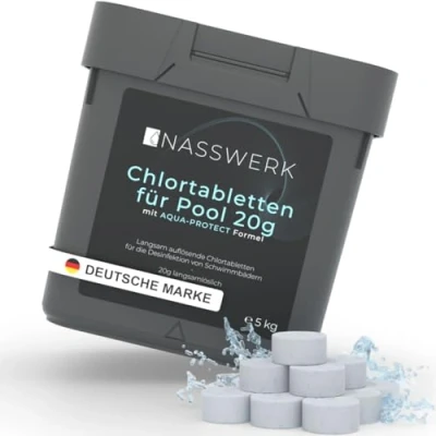 Abbildung von NASSWERK Langzeit Chlortabletten für Pool 20g (5kg) Chlortabs langsamlöslich Pools &amp; Whirlpool Chlor Tabletten zur Desinfektion Pflege Poolpflege Mini Tabs Langzeittabletten