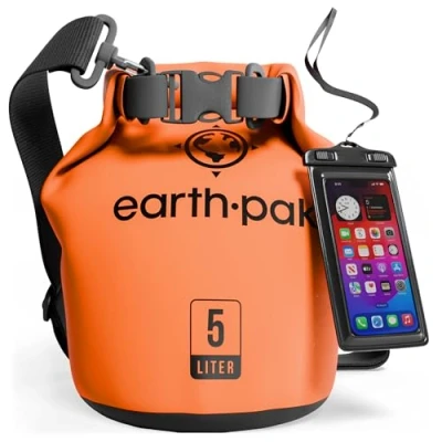 Abbildung von Earth Pak Wasserdichter Packsack mit Schultergurt und wasserfester Handyhülle Ideale Rolltop Tasche beim Kajak Fahren, Wandern, Camping, Angeln, Bootfahren Rafting (Orange, 40L)