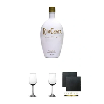 Abbildung von Chata Rum 15% 0,7 Liter + 2 Bugatti Nosing Gläser mit Eichstrich 2cl und 4cl Schiefer Glasuntersetzer eckig ca. 9,5 cm Ø