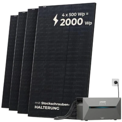 Abbildung von Solarway® All In One Balkonkraftwerk mit Speicher 2000W komplett Steckdose 1,6 kWh Anker Solix 2 PRO Solaranlage Komplettset 500W Solarmodule &amp; Zubehör