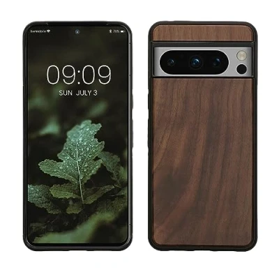 Abbildung von kwmobile Hülle kompatibel mit Google Pixel 8 Pro Holz Case stoßfestes Handy Cover TPU Handyhülle in Dunkelbraun