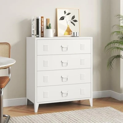 Abbildung von [en.casa] Metallschrank Hämeenlinna Schubladenschrank aus Stahl Büroschrank Kommode mit 4 Schubladen Sideboard Industrial Mehrzweckschrank Beistellschrank 80 x 40 92 cm Weiß