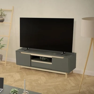 Abbildung von ML Design TV Schrank, 120x40x46 cm, Grün Natur, Fernsehtisch mit 2 Türen, Schublade, Ablage, Kiefernholz Füße, Natürliches Design, Lowboard für Wohnzimmer, Fernsehschrank Fernseher bis 55 Zoll