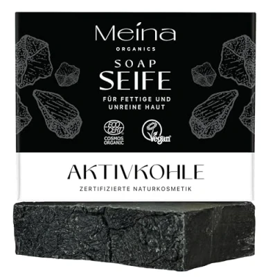 Abbildung von Meina Schwarze Seife mit Aktivkohle gegen Pickel und Akne, 100% Natürlich, Naturseife für fettige unreine Haut ohne Palmöl, Bio Zertifiziert, Vegan, Nachhaltig, Handgemacht, 100g