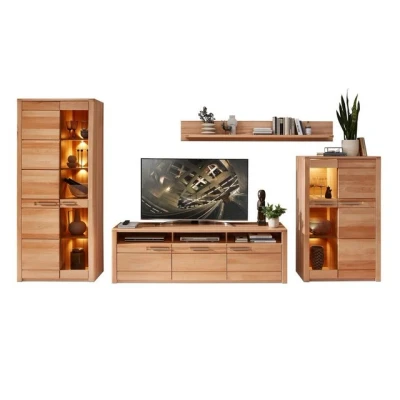Abbildung von möbelando Wohnwand &gt;Nature One&lt; Komplett Set (4 teilig) in Kernbuche Teil massiv FSC Zertifiziert Moderne Schrankwand mit LED Beleuchtung für Ihr Wohnzimmer 390 x 203 45 cm (B/H/T)