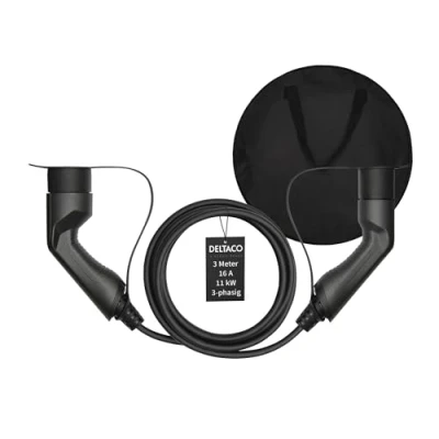 Abbildung von DELTACO Typ 2 EV Ladekabel für E Autos &amp; Hybrid Fahrzeuge inkl. Tasche, Elektroauto Charge Mennekes Kabel, Kompatibel mit ID.3, ID.4, Zoe, Tron, Model S/3/X/Y, Leaf, 3 phasig, 16A 11kW, Meter