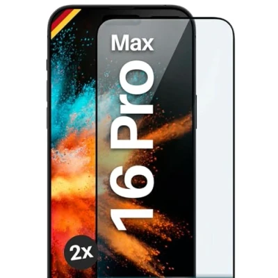 Abbildung von moex Full Screen Schutzglas kompatibel mit Apple iPhone 16 Pro Max Schutzfolie randlos, ganzer Bildschirm, Curved 3D Folie, Clear 2x Schwarz