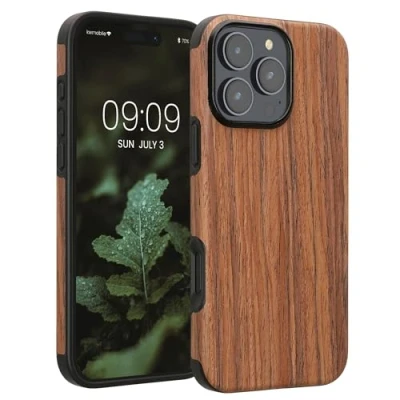 Abbildung von kwmobile Hülle kompatibel mit Apple iPhone 16 Pro Max Holz TPU Case Handy Schutzhülle Backcover Cover Maserung Braun