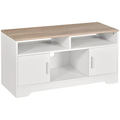 Abbildung von HOMCOM TV Lowboard Fernsehschrank Bank mit 2 Schränken und 3 offenen Kommode bis zu 50 Zoll Fernsehtisch Unterschrank Kabelführungsöffnung Spanplatte Weiß+Naturholz 105 x 40 52 cm