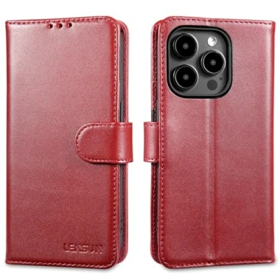Abbildung von LENSUN Echtleder Hülle für iPhone 15 Pro, Handyhülle [Echtes Leder][Magnetverschluss][RFID Schutz] Handytasche Lederhülle Etui Kompatibel mit Pro 5G Weinrot