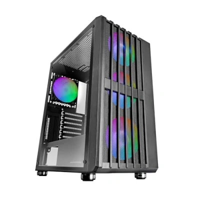 Abbildung von MARSGAMING MC Vault, Gaming ATX Gehäuse, 4X ARGB 120mm Lüfter, Vertikales Mesh Frontpanel, Seitenscheibe aus Gehärtetem Glas, 3X Vertikale PCI Steckplätze, Professioneller PC Midi Tower, Schwarz