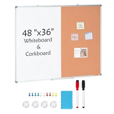 Abbildung von VEVOR Kombitafel Kork Pinnwand &amp; Magnettafel 120 x 90 cm, 2 in 1 Memoboard Kombiboard, aus Aluminiumrahmen, magnetische, trocken abwischbare Pinnwand, ideal für Schule, Zuhause, Büro