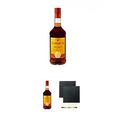 Abbildung von Carlos III Spanien 0,7 Liter + Schiefer Glasuntersetzer eckig ca. 9,5 cm Ø 2 Stück