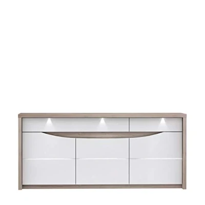 Abbildung von FORTE Saint Tropez Kommode mit 3 Türen, 2 Schubladen, Holzwerkstoff, Weiß Glanz kombiniert Sandeiche, 52,7 x 187,4 84,4 cm