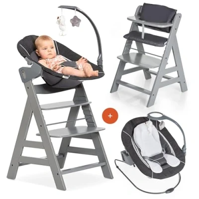 Abbildung von hauck Alpha Plus Newborn Set Deluxe Baby Holz Hochstuhl ab Geburt mit Liegefunktion inkl. Aufsatz für Neugeborene &amp; Sitzpolster mitwachsend, verstellbar Grau
