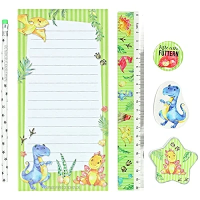 Abbildung von Papierdrachen 6 teiliges Schreibset für Grundschul Kinder Dino Motiv mit Bleistift Spitzer Lineal Radierer Schreibblock Geschenkidee zur Einschulung Mitgebsel Kindergeburtstag Set 4