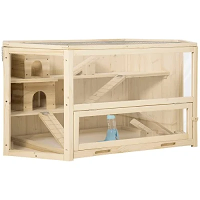Abbildung von PawHut Kleintierkäfig Nagerkäfig mit Rampe, Tannenholz PS Natur 115 x 60 55 cm