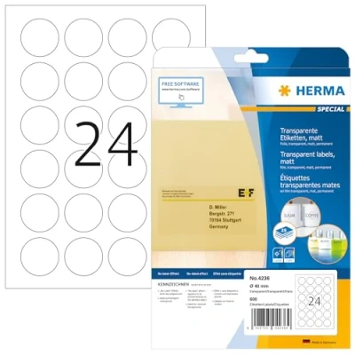Abbildung von HERMA 4236 Verschlussetiketten transparent rund, 800 Blatt, Ø 40 mm, 24 pro A4 Bogen, 19200 Stück, selbstklebend, bedruckbar, matt, blanko Klebepunkte Aufkleber aus Folie, durchsichtig