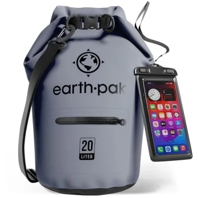 Abbildung von Earth Pak Torrent Serie Dry Bag wassersdichte Tasche mit verstellbarem Schultergurt und wasserfester Handyhülle Ideal beim Kajak Fahren Angeln Rafting Grau 20L