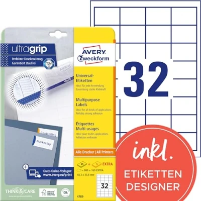 Abbildung von AVERY Zweckform 4789 Universal Etiketten (800 plus 160 Klebeetiketten extra, 48,3x33,8mm auf A4, Papier matt, individuell bedruckbar, selbstklebende Aufkleber mit ultragrip) 30 Blatt, weiß