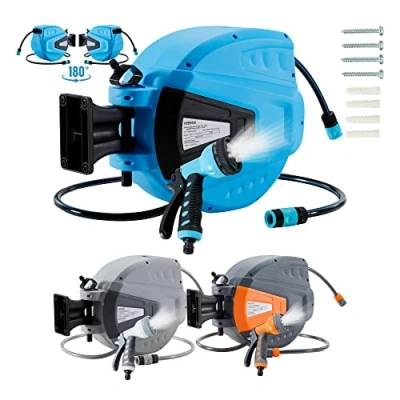 Abbildung von Arebos Schlauchaufroller 30 m Schlauchtrommel Wand Schlauchbox mit Arretierstop &amp; 9 Sprühunktionen 180 Schwenkbar Inkl.Wandhalterung Automatischer Aufrollmechanismus Gartenschlauch Blau