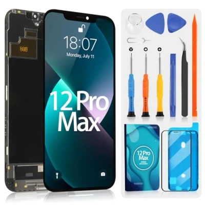 Abbildung von OLED Bildschirm für iPhone 12 Pro Max LCD 12Pro A2342 A2410 A2412 A2411 Display Touchscreen Assembly mit Reparatur Set (Schwarz, 6,7 Zoll)