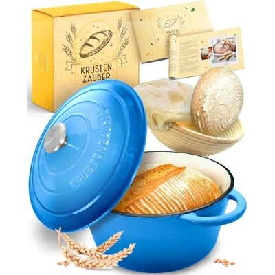 Abbildung von Krustenzauber Brotbackform Gusseisen Topf Brot Backen [inkl. Gärkorb] , (Hochwertiger Emaille Topf), Idealer gusseiserner Brottopf zum Backen, Gusseisentopf Brotbacken