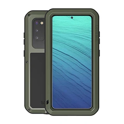 Abbildung von LOVE MEI für Samsung Galaxy S20 Metall Hülle,Heavy Duty Rüstung Tank Bumper Robust Aluminium Stoßfest/Staubdicht/Anti Drop Ganzkörper Schutz Fall Cover mit gehärtetem Glas (Grün)