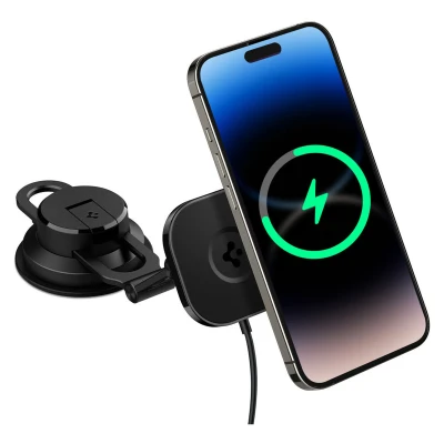 Abbildung von Spigen OneTap Pro 3 Handyhalterung Auto Armaturenbrett und Windschutzscheibe Kabelloses Ladegerät Schwarz Plastik