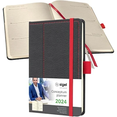 Abbildung von SIGEL C2456 Terminplaner Wochenkalender 2024, Lederoptik, ca. A6, dunkelgrau/rot, Hardcover, 176 Seiten, Gummiband, Stiftschlaufe, Archivtasche, PEFC zertifiziert, Conceptum