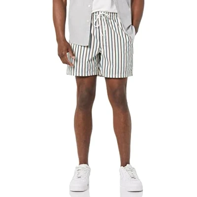 Abbildung von Amazon Essentials Herren Shorts mit Kordelzug und 15 cm Innenbeinlänge, Grün Rosa Vertikale Streifen, M