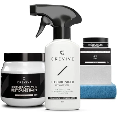 Abbildung von CREVIVE Flüssigleder Weiß 50 ml, Lederreiniger 250 ml &amp; Reperatur Balsam 300 Leder Reparatur Set Kunstleder Reparaturset Lederreparaturset für Sofa, Couch, Lenkrad, Autositze