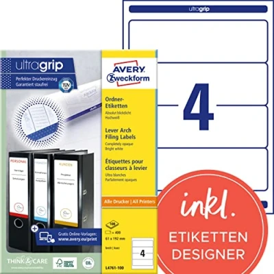 Abbildung von AVERY Zweckform L4761 25 Ordnerrücken Etiketten (120 Rückenschilder mit ultragrip, 61x192mm auf A4, breit/kurz, selbstklebend, absolut blickdicht, bedruckbare Ordneretiketten) 30 Blatt, weiß