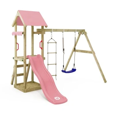 Abbildung von Spielturm Klettergerüst TinyCabin mit Schaukel &amp; grüner Rutsche WICKEY