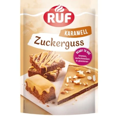 Abbildung von RUF Zuckerguss Karamell, sofort anwendbar als Glasur für Kuchen und Gebäck, cremiger Karamell Genuss in seidenmatter Optik, 1 x 150g