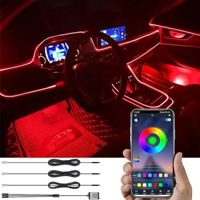 Abbildung von TABEN Auto Atmosphärenlicht Kit Musiksynchronisation Mehrfarbig RGB 16 Millionen Farben 4 Meter Glasfaser USB Ambientebeleuchtung Kit, Sound Active Funktion und drahtlose Bluetooth App Steuerung 12 V