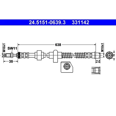 Abbildung von ATE 24.5151 0639.3 Bremsschläuche 638 M10x1 PEUGEOT: 508 I Limousine, 407 SW, CITROËN: C5 III Kombi, 3, C6 Limousine