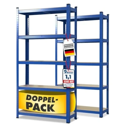 Abbildung von KARAT Schwerlastregal, 2er Set, 40 x 90 180 cm Steckregal, Kellerregal, Lagerregal TÜV/GS geprüft 5 verstellbare Böden (Blau)